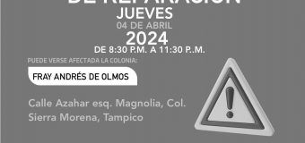  AVISO DE CORTE  Suspensión de servicio de agua por trabajos de reparación de válvula . Se restablecerá el servicio a partir de las 11:30 p.m. de hoy jueves 04 de Abril de 2024. Puede verse afectada la colonia: Fray Andrés de Olmos #Tampico#ComapaSur