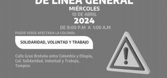  AVISO DE CORTE  Suspensión de servicio de agua por apoyo a compañía por trabajos de interconexión de línea general. Se suspenderá el servicio a partir de las 8:00 p.m. de hoy miércoles 10 de Abril hasta la 1:00 a.m. del jueves 11 de Abril de 2024. Puede verse afectada la colonia: Solidaridad, Voluntad y Trabajo #Tampico#ComapaSur