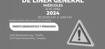  AVISO DE CORTE  Suspensión de servicio de agua por trabajos de reparación de fuga de agua en línea general. Se restablecerá el servicio a partir de las 2:00 p.m. de hoy miércoles 10 de Abril de 2024. Pueden verse afectadas las colonias: Frente Democrático y Primavera #Tampico#ComapaSur