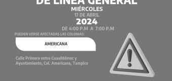 AVISO DE CORTE  Suspensión de servicio de agua por trabajos de reparación de línea general. . Se restablecerá el servicio a partir de las 7:00 p.m. de hoy miércoles 17 de Abril de 2024. Puede verse afectada la colonia: Americana #Tampico#ComapaSur