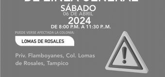  AVISO DE CORTE  Suspensión de servicio de agua por trabajos de reparación de fuga de agua en línea general. Se restablecerá el servicio a partir de las 11:30 p.m. de hoy sábado 06 de Abril de 2024. Puede verse afectada la colonia: Lomas de Rosales #Tampico#ComapaSur