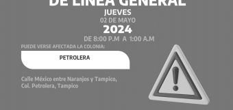  AVISO DE CORTE  Suspensión de servicio de agua por trabajos de instalación de línea general. Se suspenderá el servicio a partir de las 8:00 pm. de hoy jueves 02 de Mayo hasta la 1:00 a.m. del viernes 03 de Mayo de 2024. Puede verse afectada la colonia: Petrolera #Tampico#ComapaSur