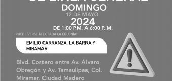  AVISO DE CORTE  Suspensión de servicio de agua por trabajos de reparación de fuga de agua en línea general. Se restablecerá el servicio a partir de las 6:00 p.m. de hoy domingo 12 de Mayo de 2024. Pueden verse afectadas las colonias: Emilio Carranza, La Barra y Miramar #CdMadero#ComapaSur
