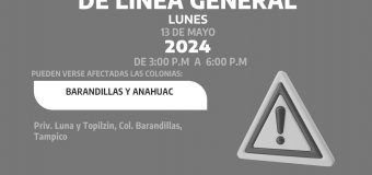  AVISO DE CORTE  Suspensión de servicio de agua por trabajos de reparación de fuga de agua en línea general. Se restablecerá el servicio a partir de las 6:00 p.m. de hoy lunes 13 de Mayo de 2024. Pueden verse afectadas las colonias: Barandillas y Anáhuac #Tampico#ComapaSur