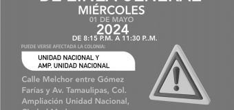 AVISO DE CORTE  Suspensión de servicio de agua por trabajos de reparación de fuga de agua en línea general. Se restablecerá el servicio a partir de las 11:30 p.m. de hoy miércoles 01 de Mayo de 2024. Pueden verse afectadas las colonias: Unidad Nacional y Ampliación Unidad Nacional #CdMadero#ComapaSur