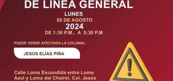 AVISO DE CORTE  Suspensión de servicio de agua por trabajos de reparación de fuga de agua en línea general. Se restablecerá el servicio a partir de las 5:30 p.m. de hoy lunes 05 de Agosto de 2024 Puede verse afectada la colonia: Jesús Elías Piña #Tampico#ComapaSur