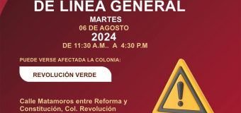 AVISO DE CORTE  Suspensión de servicio de agua por trabajos de reparación de fuga de agua en línea general. Se restablecerá el servicio a partir de las 4:30 p.m. de hoy martes 06 de Agosto de 2024 Puede verse afectada la colonia: Revolución Verde #CdMadero #ComapaSur