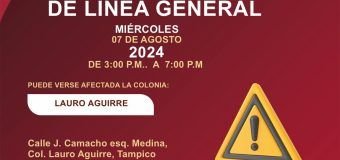 AVISO DE CORTE  Suspensión de servicio de agua por trabajos de reparación de fuga de agua en línea general. Se restablecerá el servicio a partir de las 7:00 p.m. de hoy miércoles 07 de Agosto de 2024 Puede verse afectada la colonia: Lauro Aguirre #Tampico #ComapaSur