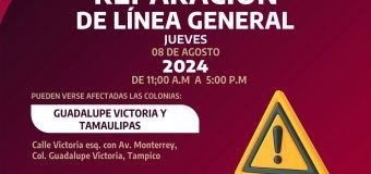 AVISO DE CORTE  Suspensión de servicio de agua por trabajos de reparación de fuga de agua en línea general. Se suspenderá el servicio a partir de las 11:00 a.m. hasta las 5:00 p.m. de hoy jueves 08 de Agosto de 2024 Pueden verse afectadas las colonias: Guadalupe Victoria y Tamaulipas #Tampico#ComapaSur